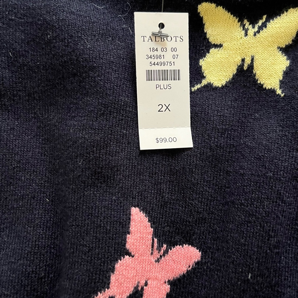 Talbots Navy Sweater with Pink and Yellow Butterflies